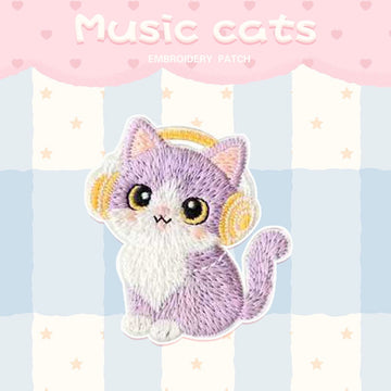purple cat with yellow headphones kawaii embroidered stick-on patch