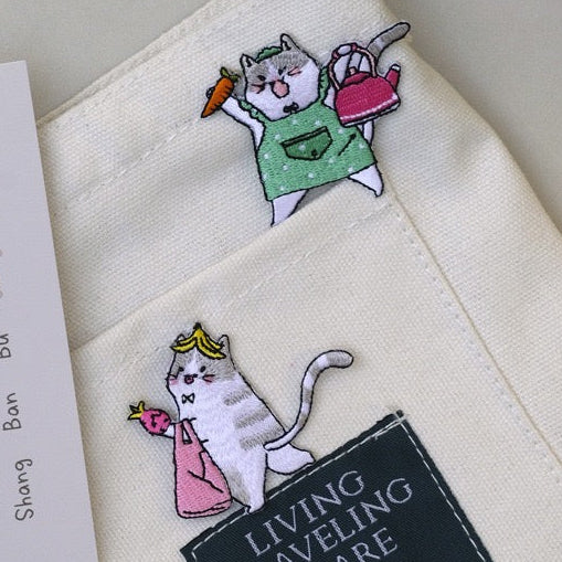 whimsical cat life embroidered patches on tote bag