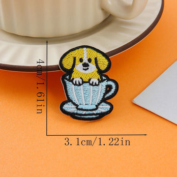 yellow dog in light blue cup embroidered stick-on patch