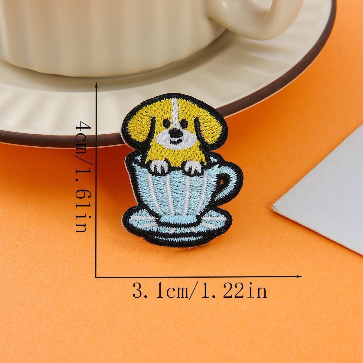 yellow dog in light blue cup embroidered stick-on patch