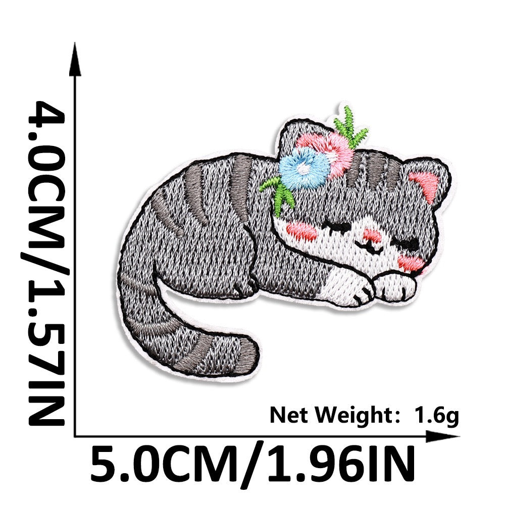 sleeping grey tabby with flower crown embroidered patch