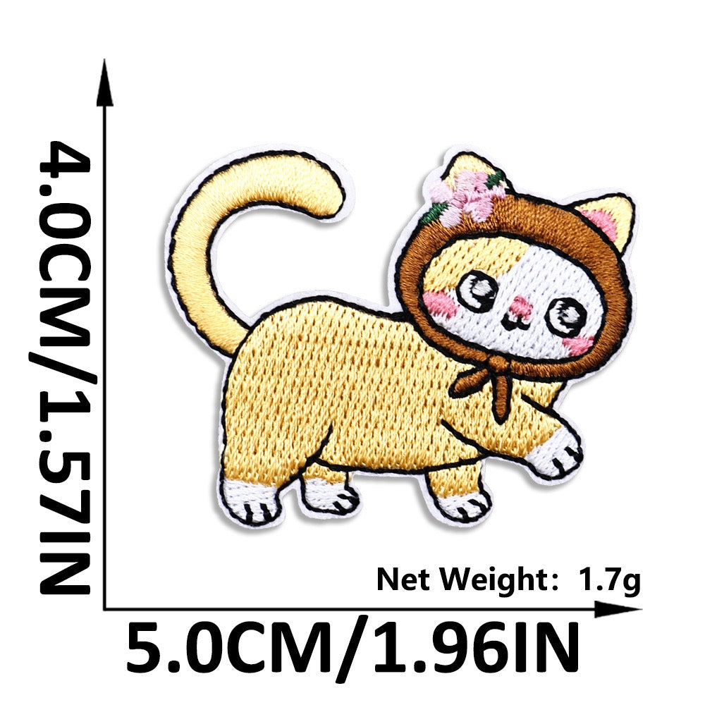 walking calico cat in brown bonnet embroidered stick-on patch