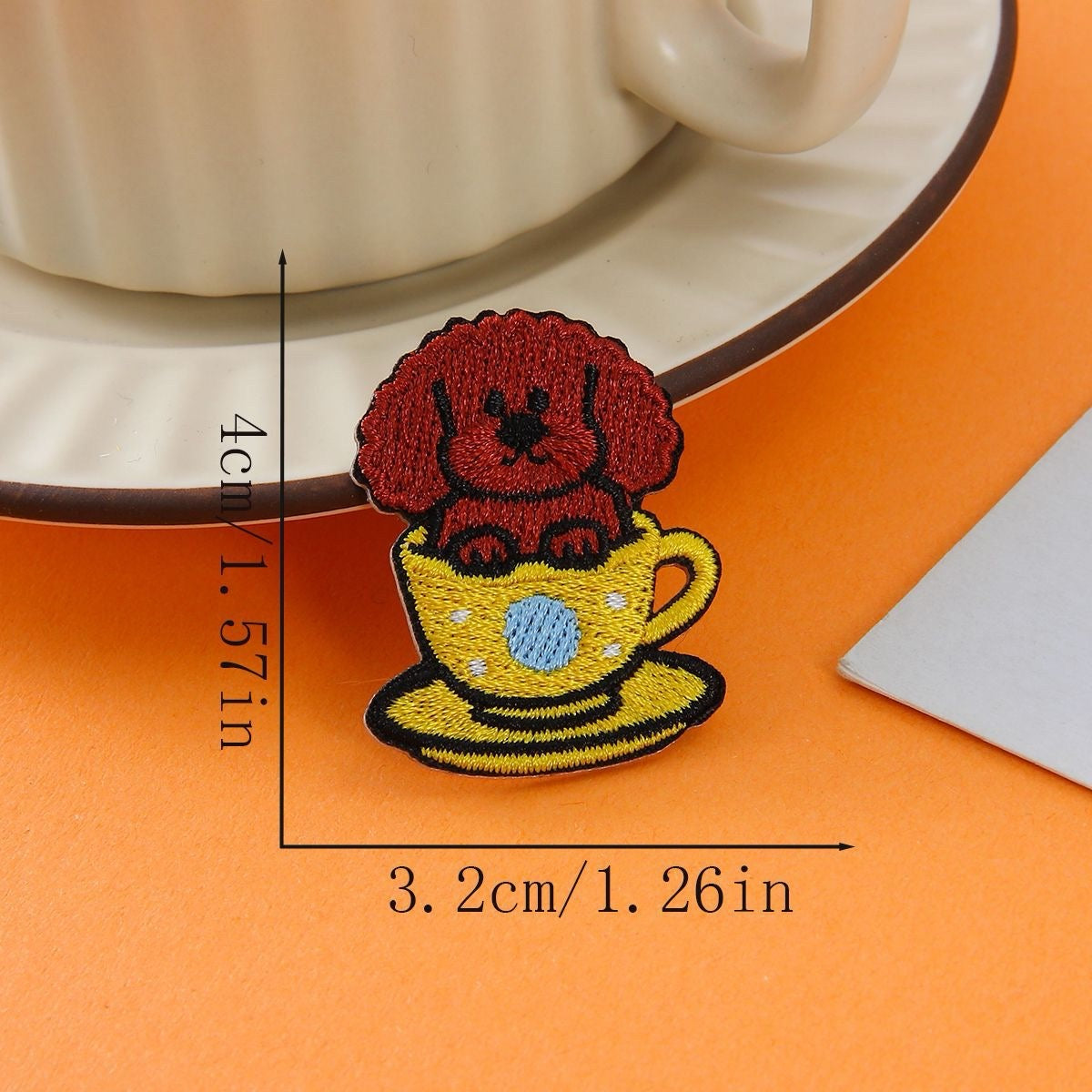 brown dog in yellow polka dot cup embroidered stick-on patch