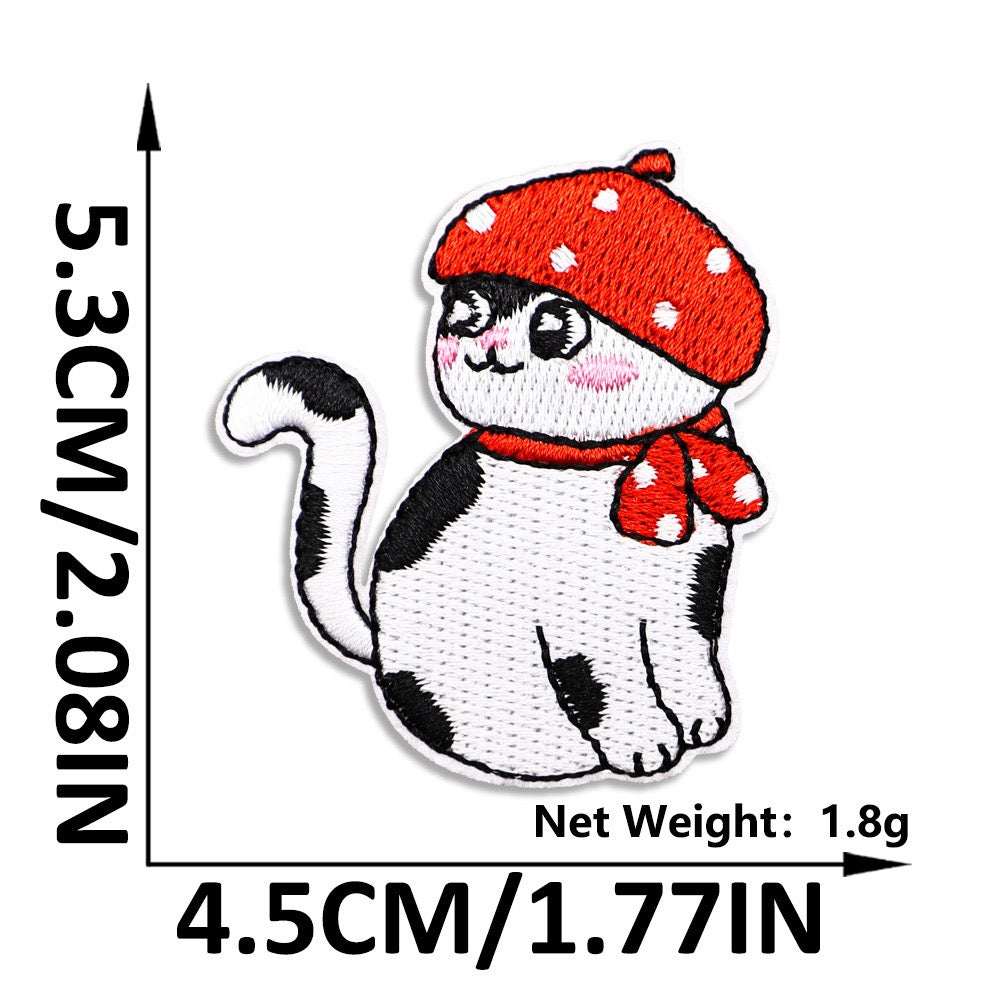 spotted cat in red polka dot beret and scarf embroidered patch