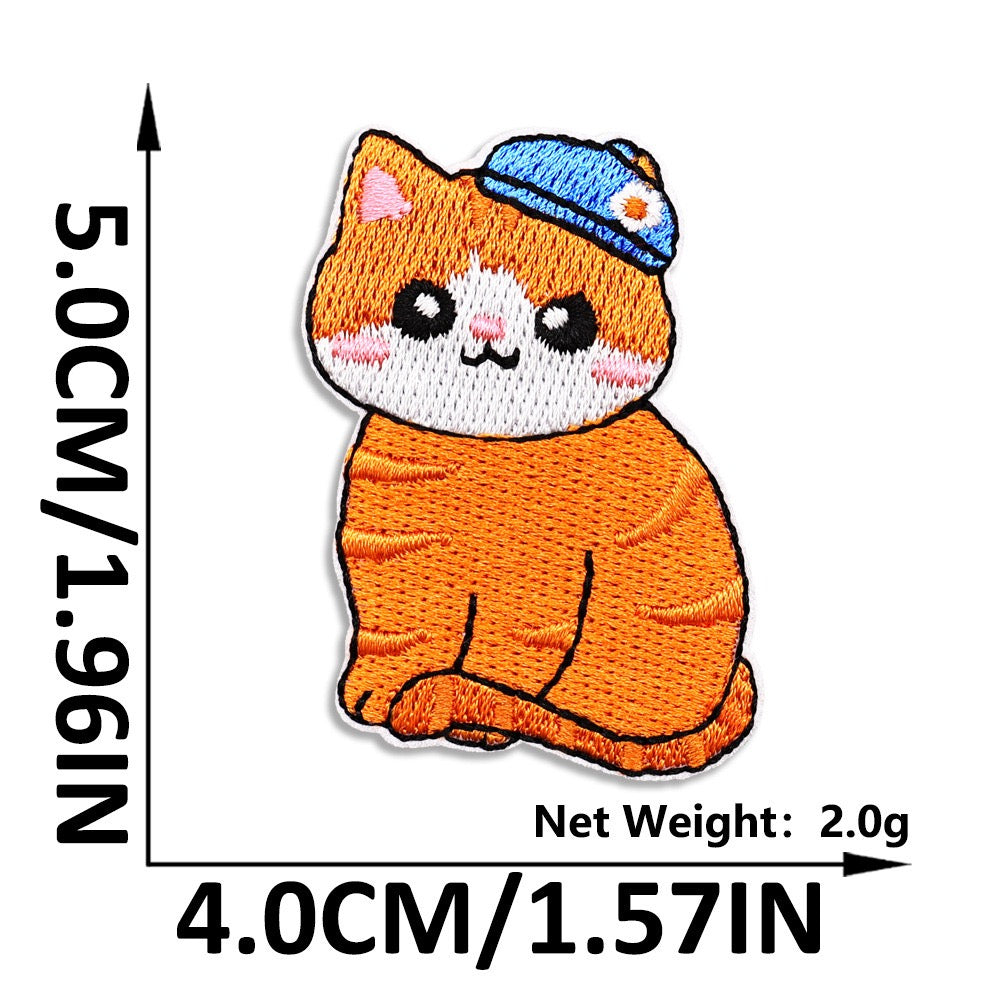 ginger tabby in blue daisy beret embroidered stick-on patch