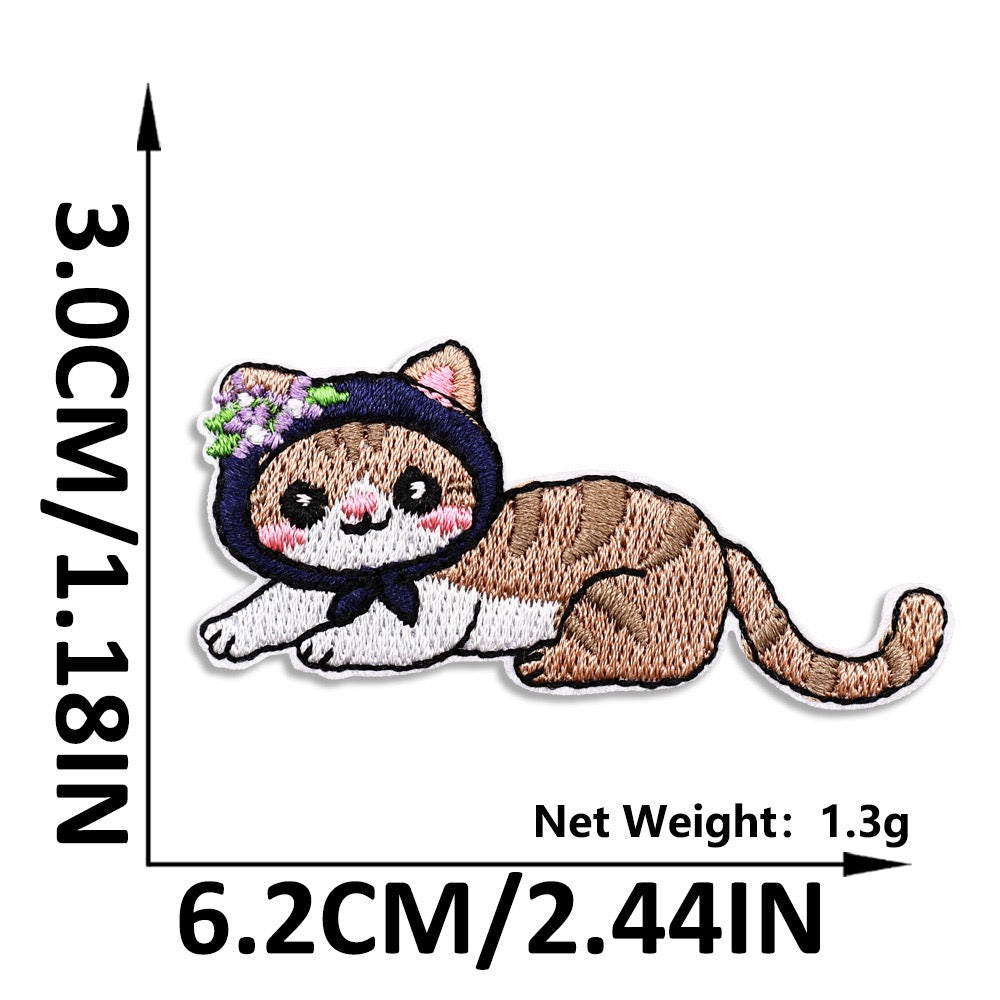 lounging tabby cat in navy floral hood embroidered patch