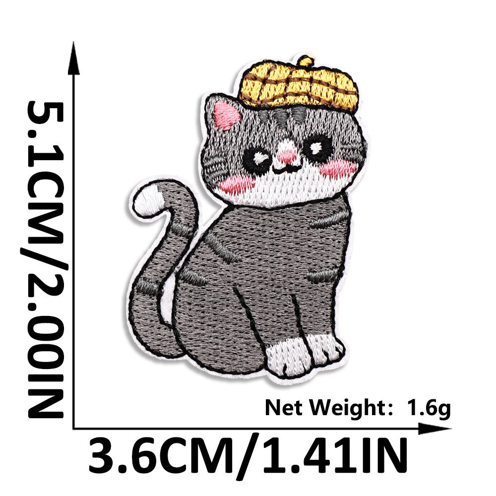 grey tabby in yellow plaid beret embroidered stick-on patch