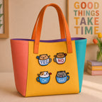 cats in teacups with yes no ok and sad expressions stick-on patches decorating an orange and yellow color-block leather handbag