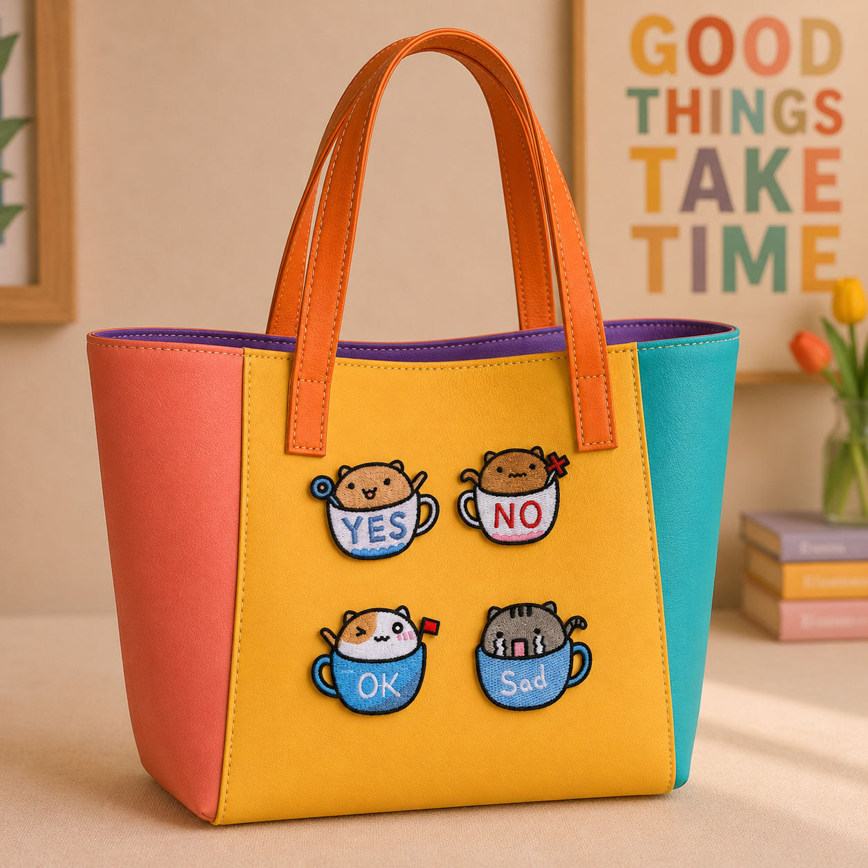 cats in teacups with yes no ok and sad expressions stick-on patches decorating an orange and yellow color-block leather handbag
