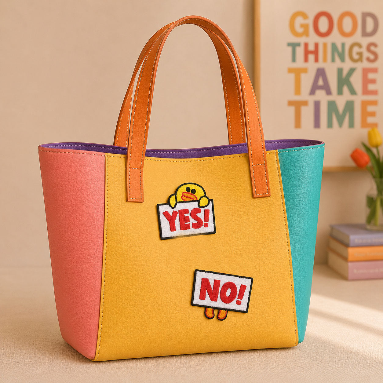 cartoon duck holding yes and no sign stick-on patches decorating an orange and yellow color-block leather handbag
