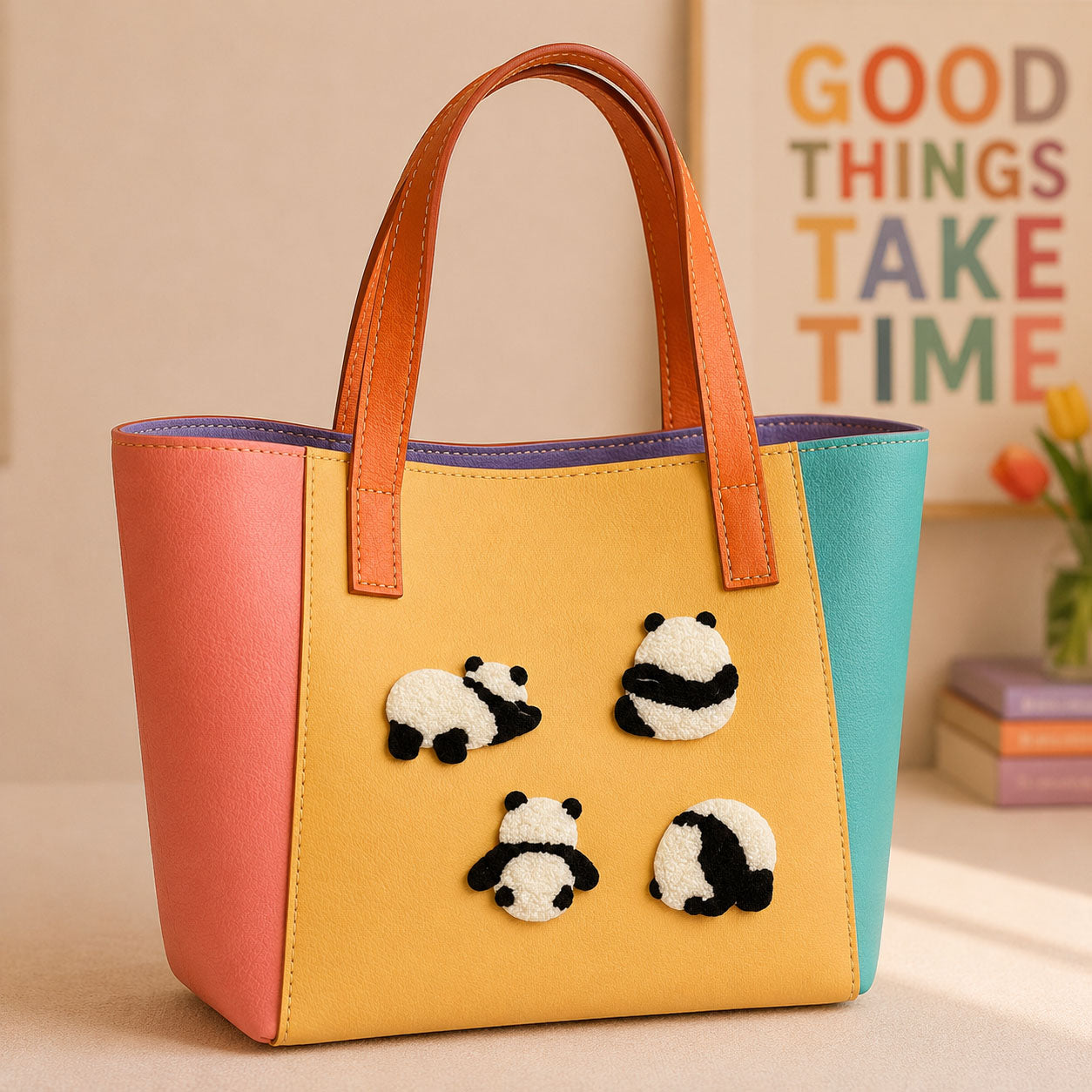 chubby chenille panda rolling and tumbling stick-on patches decorating a yellow and pink color-block leather handbag