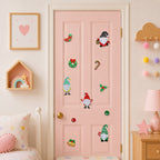 eleven christmas gnome and holiday element embroidered patches with wreath stocking candy cane and bells stuck on a pink bedroom door