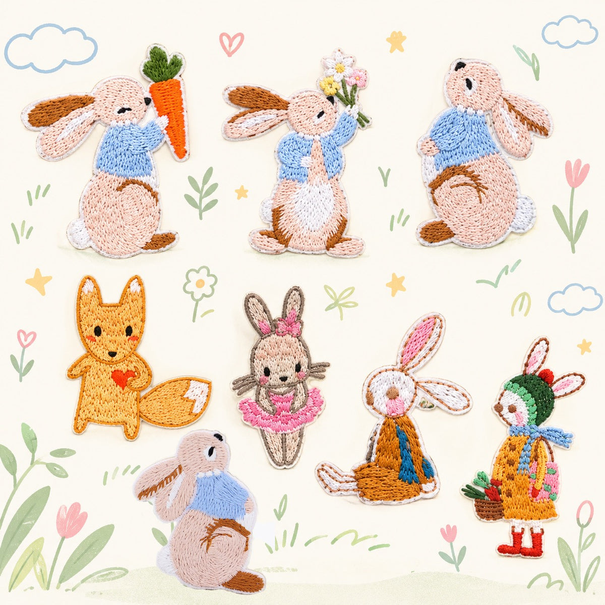 Eight storybook animal embroidered patches featuring seven dressed bunnies and a fox holding a red heart
