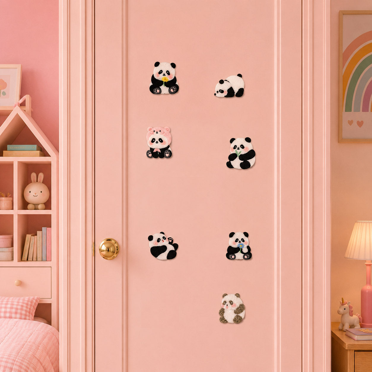 cute panda holding daisy with pink bow ears fluffy texture and raised paw stick-on patches scattered on a pink closet door in a pastel room
