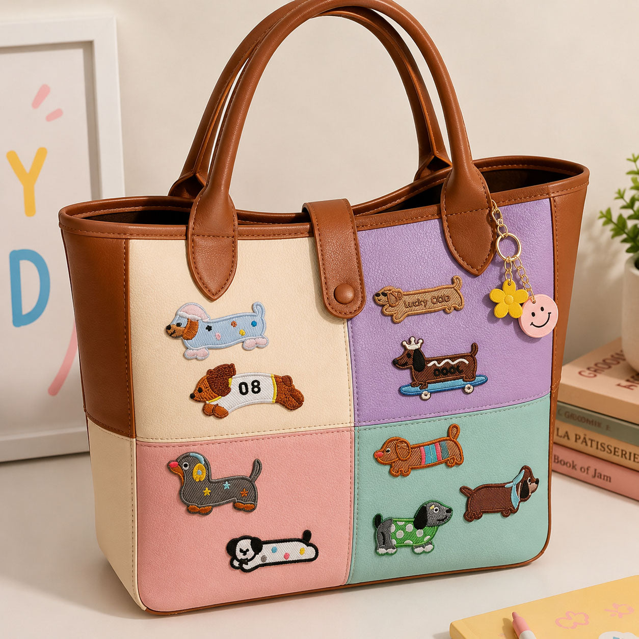funny dachshund in outfits stick-on patches decorating a brown-trimmed color-block leather handbag