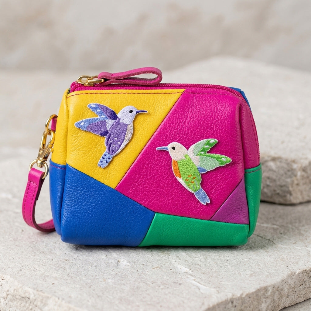 purple and green hummingbird embroidered patches on a colorblock leather wristlet pouch