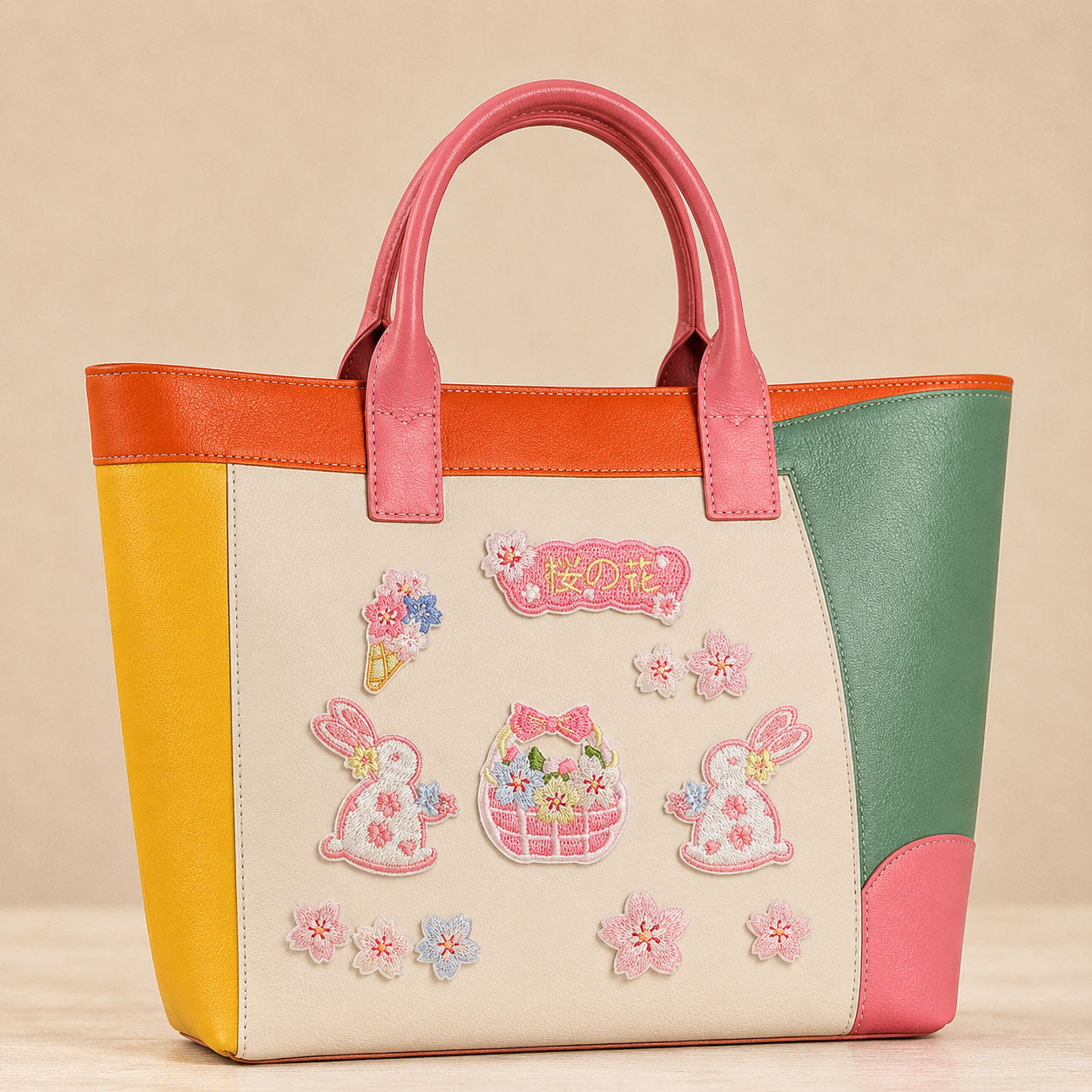 japanese sakura bunny flower basket and cherry blossom stick-on patches decorating a pink and orange color-block leather handbag