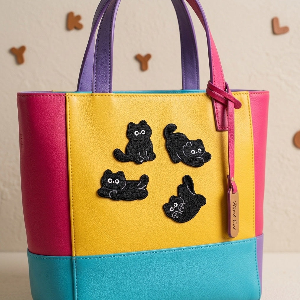 silly black cat embroidered stick-on patch on tote bag