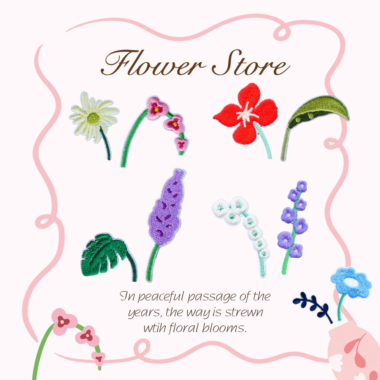 whimsical flora embroidered stick-on patches collection flat lay