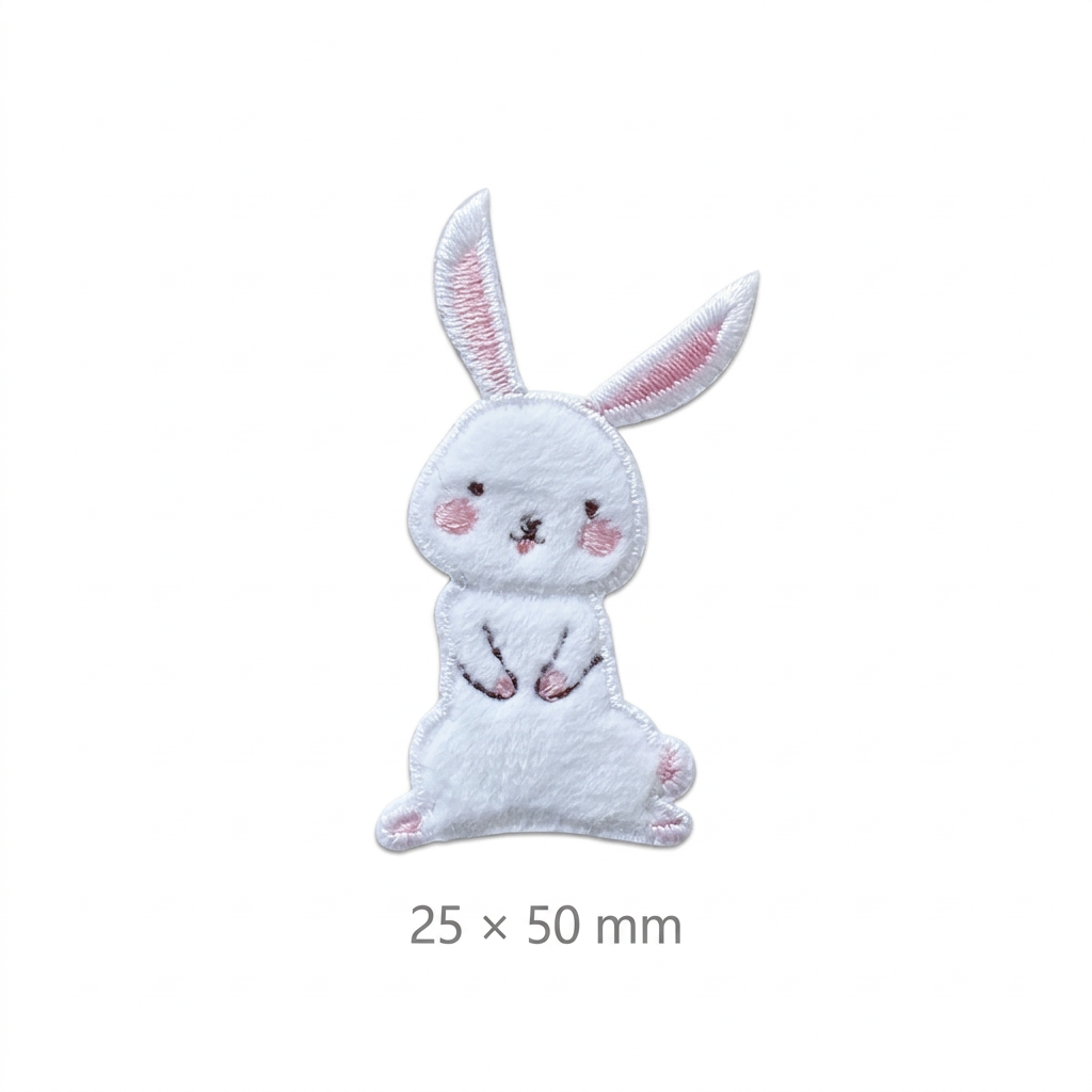 Small furry white bunny embroidered stick-on patch measuring 25 × 50 mm
