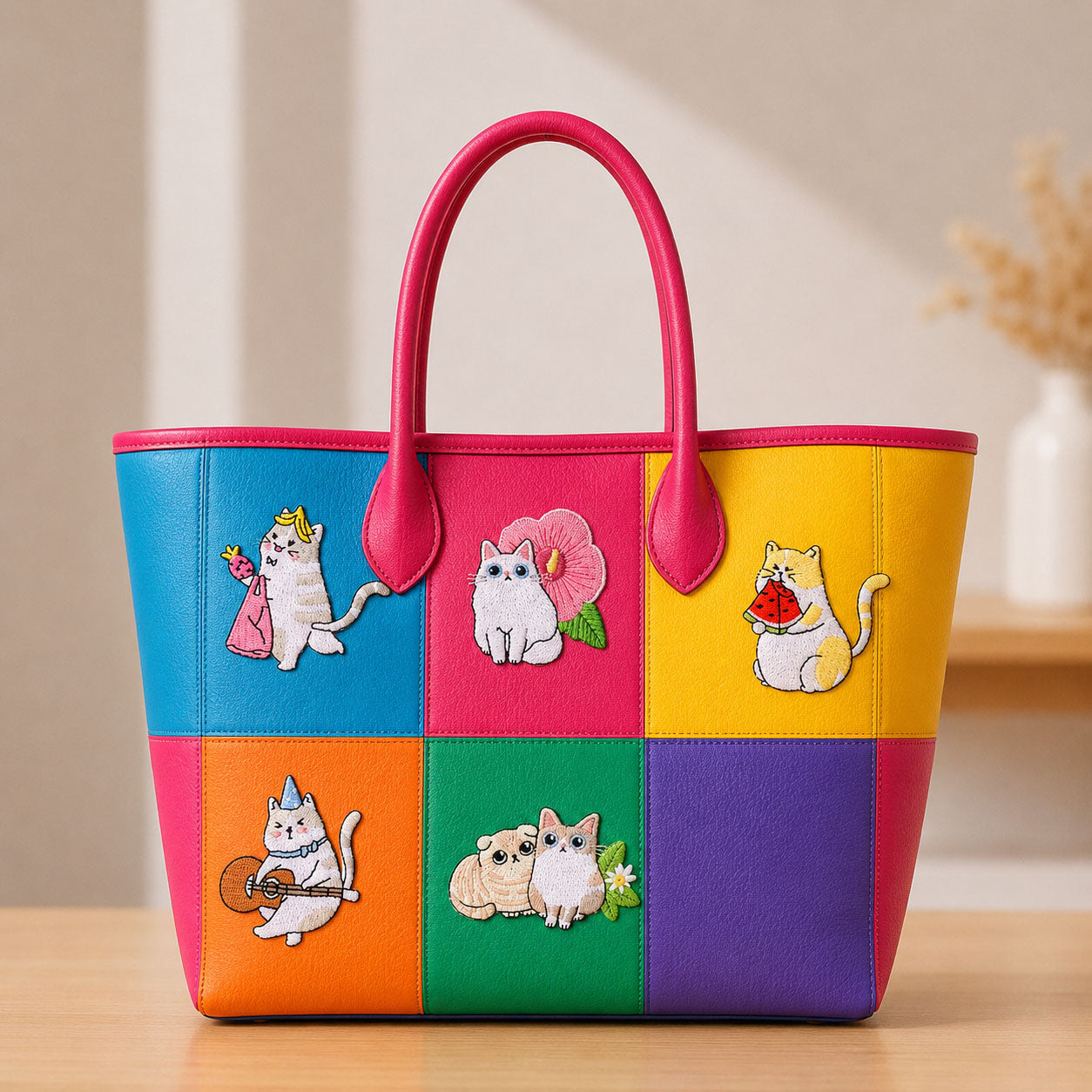 cute cat and floral embroidered stick-on patches decorating a vibrant color-block leather handbag