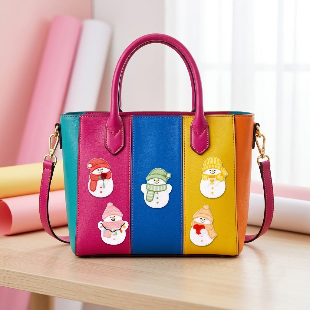 five cute winter snowman patches in different colored hats decorating a rainbow stripe tote bag