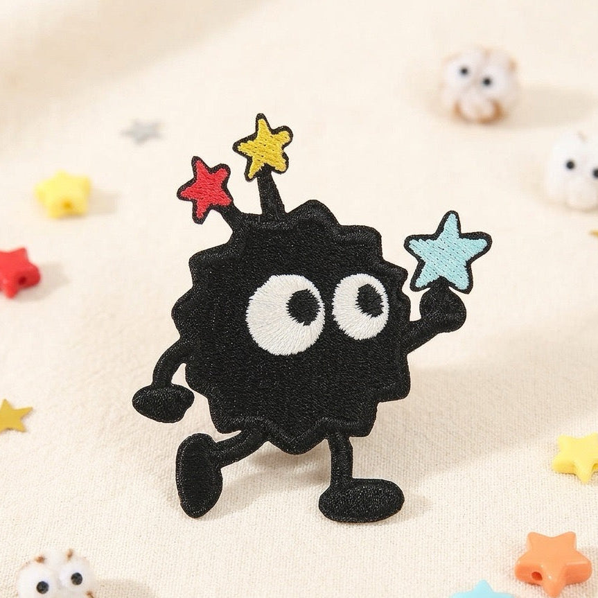kawaii anime soot sprite embroidered stick-on patches with colorful stars set of eight