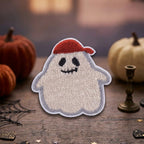 halloween little ghost embroidered stick-on patches — eight designs including red cap ghost black sombrero unicorn bunny kitty waving and puppy ghost