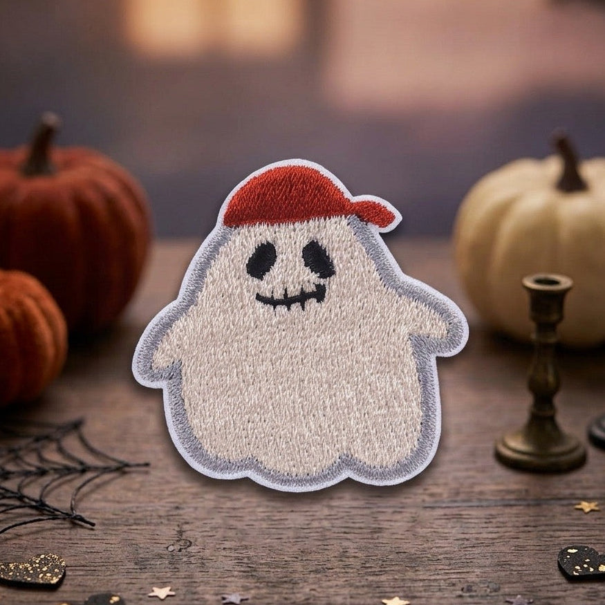 halloween little ghost embroidered stick-on patches — eight designs including red cap ghost black sombrero unicorn bunny kitty waving and puppy ghost