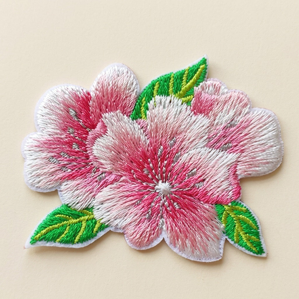 Twin pink-and-white cherry blossoms with green leaves forming one embroidered patch on an ivory background
