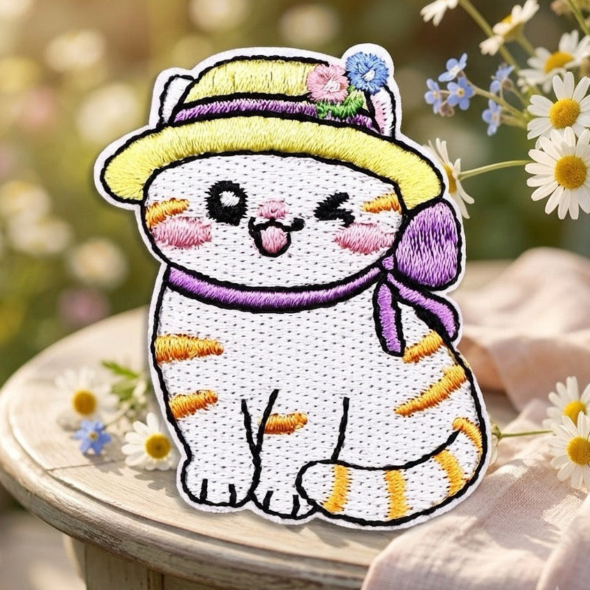 twenty cottagecore cats in vintage hats and bonnets embroidered stick-on patches collection