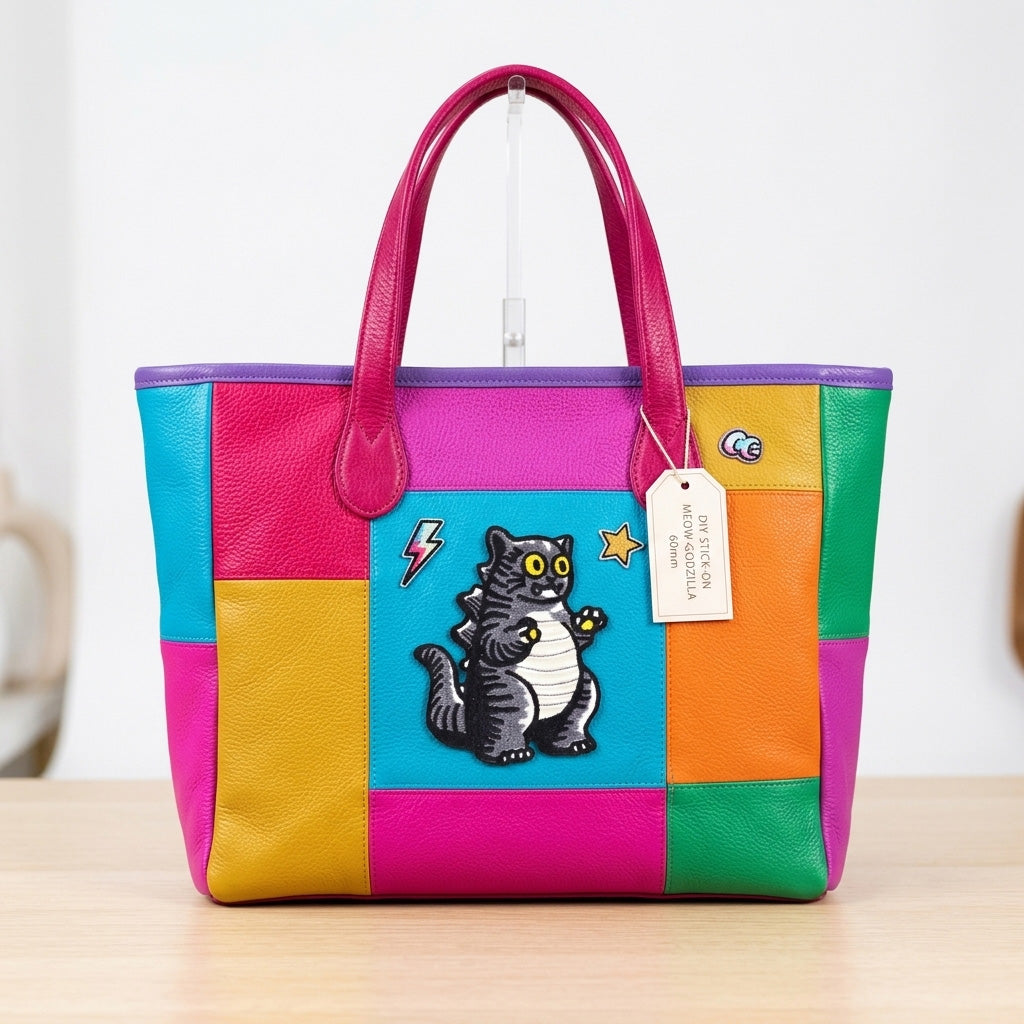 large meow godzilla tabby cat monster embroidered patch with lightning bolt on a multicolor patchwork tote