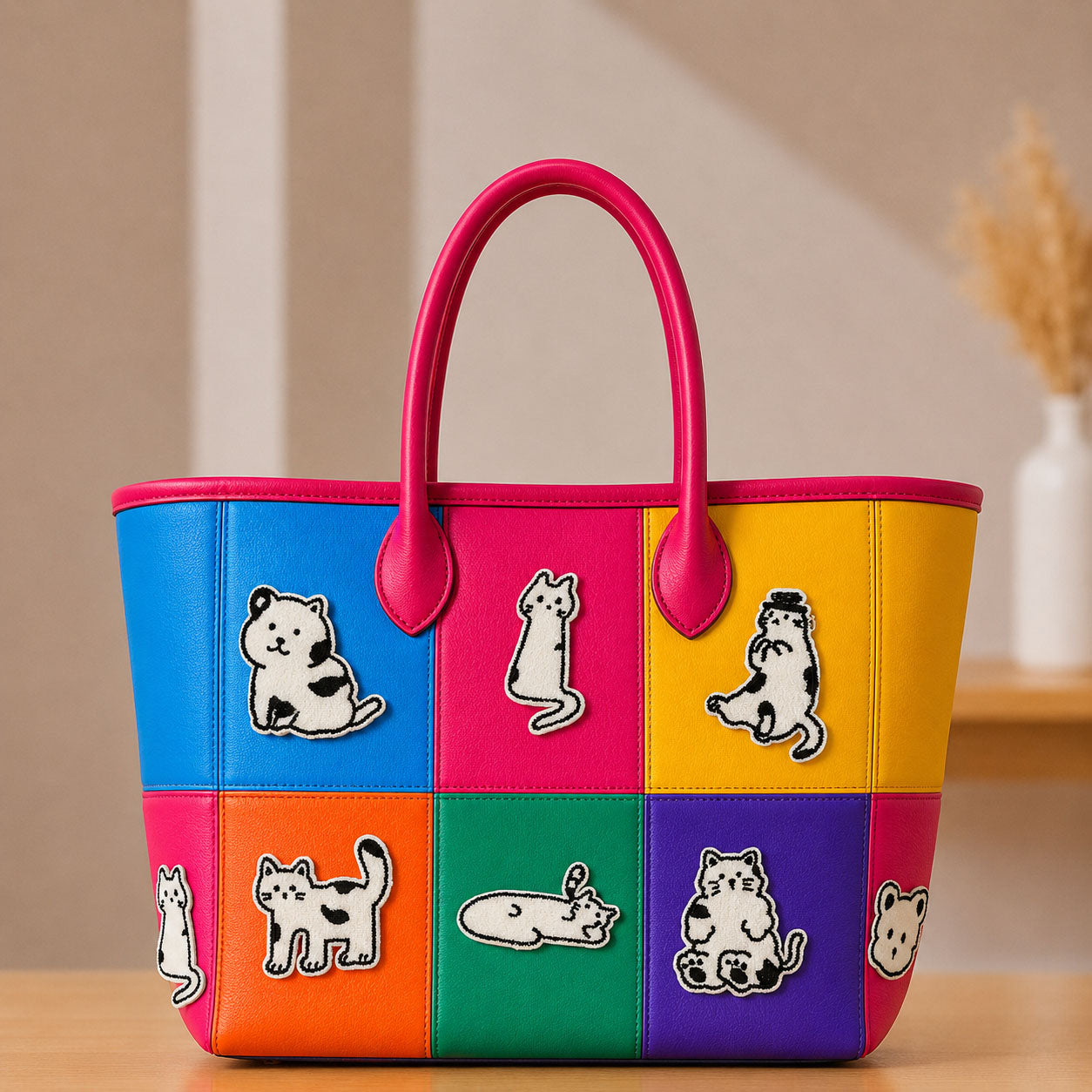kawaii black and white cat stick-on patches in various poses decorating a vibrant color-block leather handbag