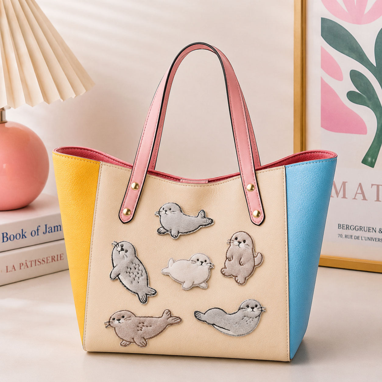 cute chubby seal stick-on patches in various poses decorating a yellow and blue color-block leather handbag