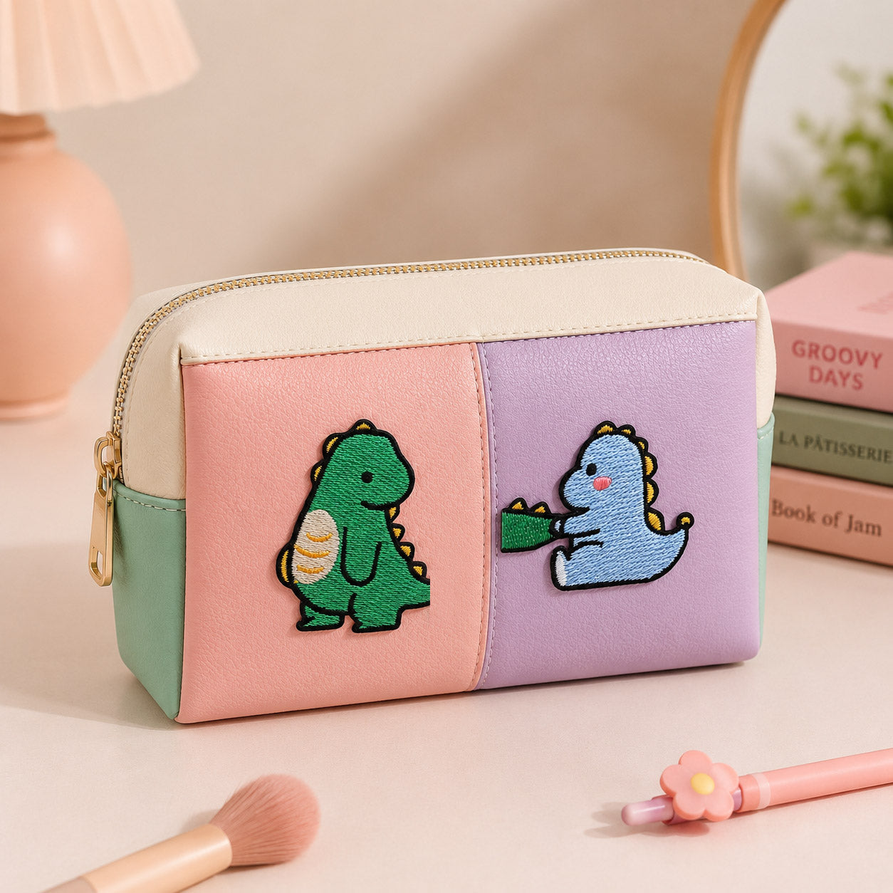 green and blue dino stick-on patches decorating a pink and purple color-block leather makeup bag