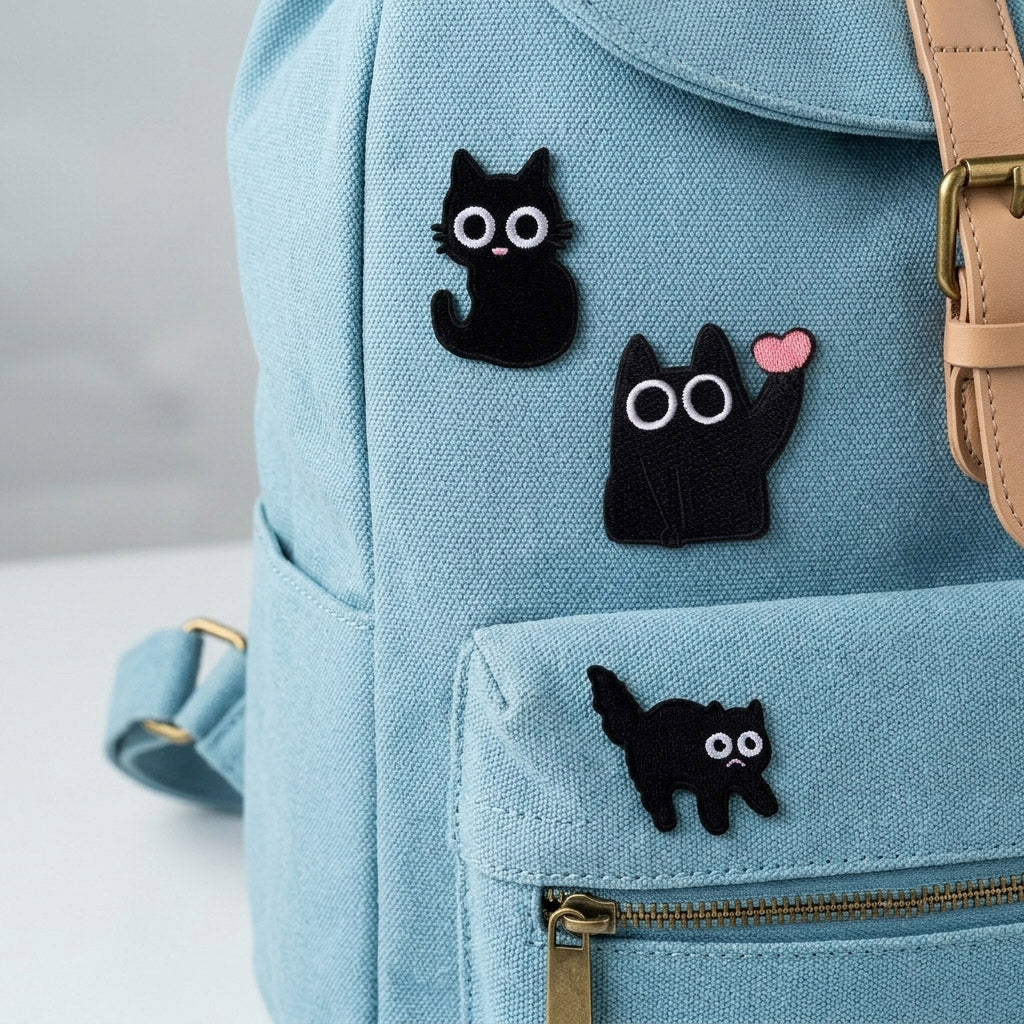 three big-eyed black cat embroidered patches on a light blue canvas backpack