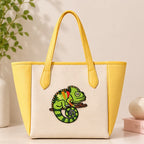 colorful chameleon lizard embroidered stick-on patch on canvas tote bag