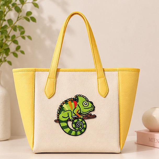 colorful chameleon lizard embroidered stick-on patch on canvas tote bag