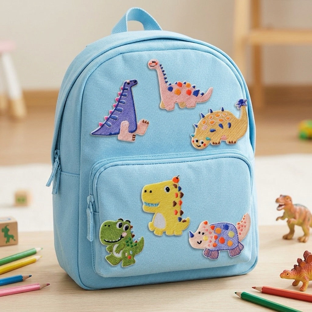 kawaii pastel dinosaur embroidered stick-on patch on backpack