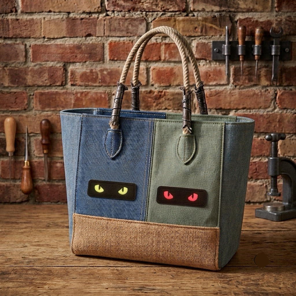 glow-in-the-dark cat eye embroidered stick-on patch on canvas tote bag