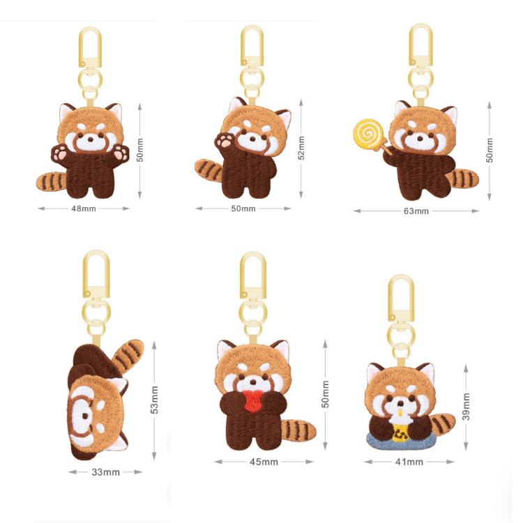 kawaii double-sided red panda embroidered keychain charm size chart all 6 designs