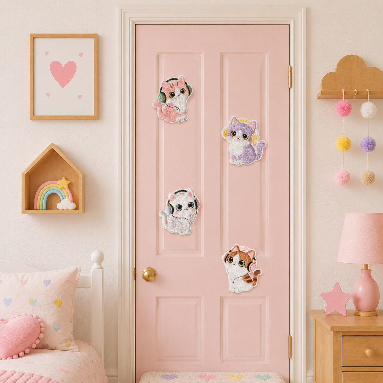 calico cat with green headphones lavender cat with yellow earmuffs white cat with blue headphones and tabby with pink headphones stick-on patches on a pink door