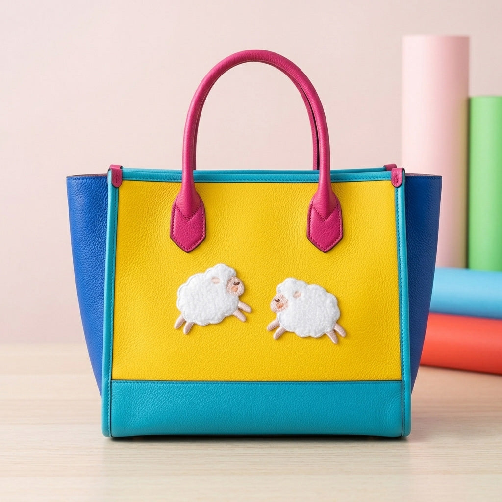fluffy bouclé sheep embroidered stick-on patch on handbag