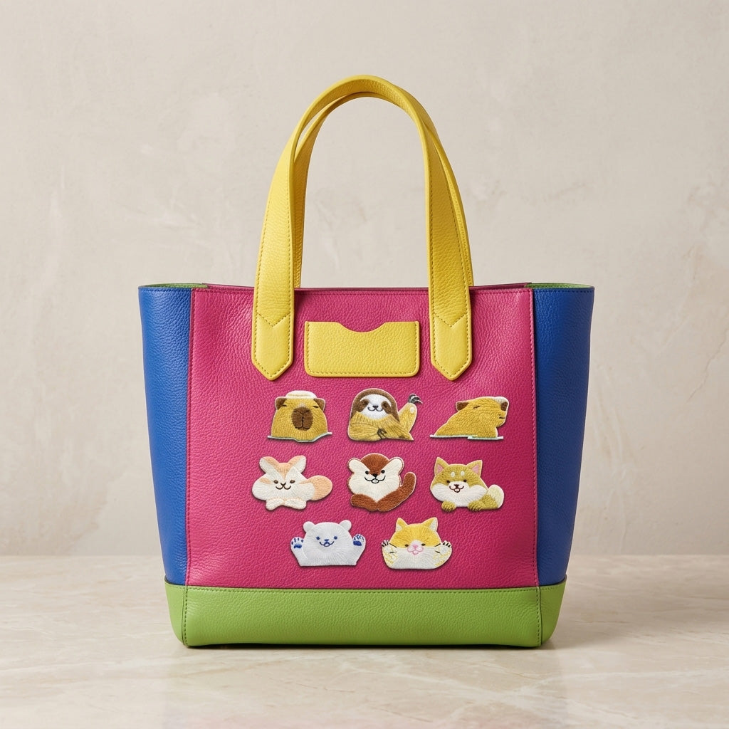 guinea pig sloth otter bunny squirrel and shiba inu stick-on patches decorating a pink color-block leather handbag