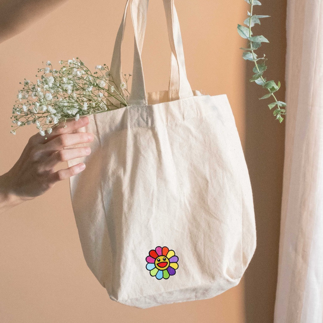 rainbow smiley flower embroidered patches on tote bag