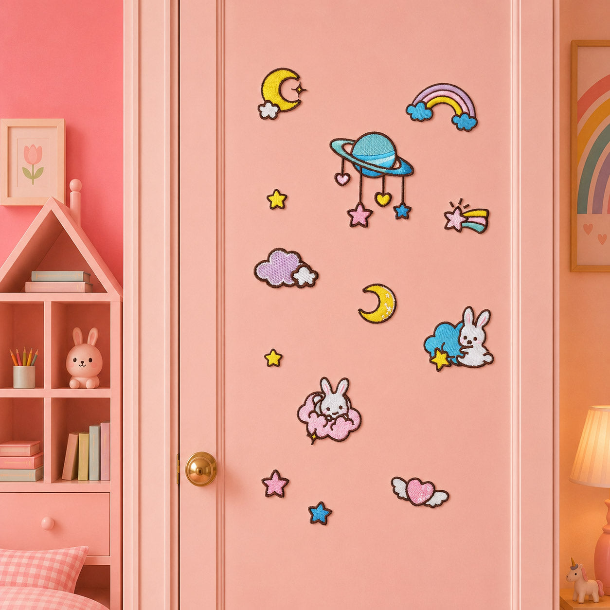 kawaii saturn with heart star dangles moon cloud rainbow shooting star winged heart and bunny on pink cloud stick-on patches on a pink door in a girls room
