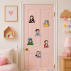 kawaii mona lisa girl with pearl earring ophelia milkmaid and lady with ermine cartoon stick-on patches scattered on a pink door in a girls room