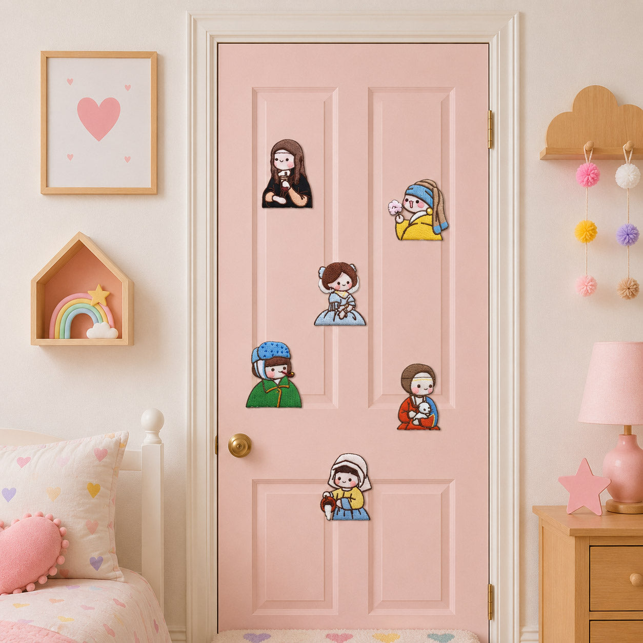kawaii mona lisa girl with pearl earring ophelia milkmaid and lady with ermine cartoon stick-on patches scattered on a pink door in a girls room