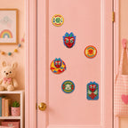 chinese new year dragon face with cloud halo richness happiness luckiness character badges and dragon with chinese knot stick-on patches on a pink door in a pastel room