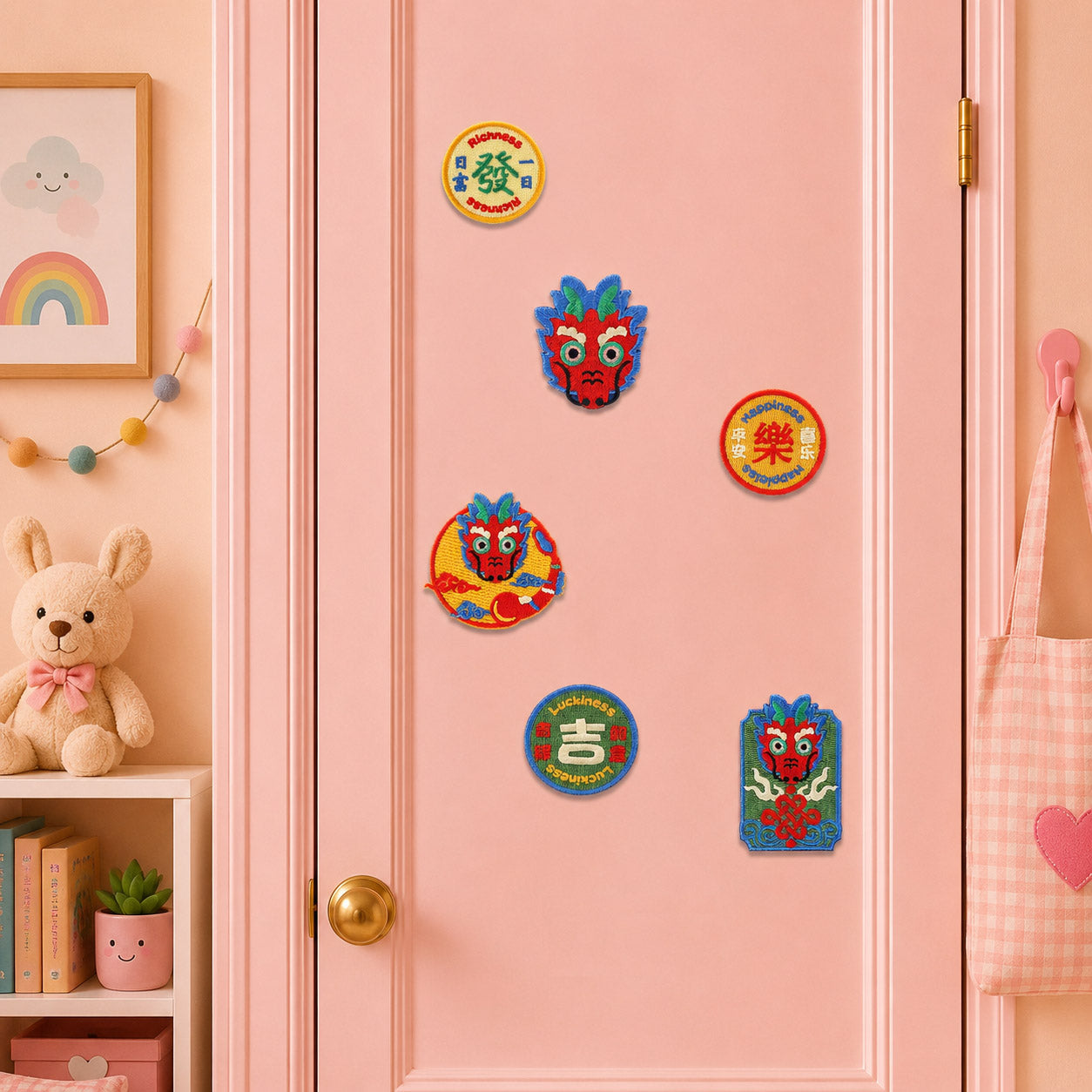 chinese new year dragon face with cloud halo richness happiness luckiness character badges and dragon with chinese knot stick-on patches on a pink door in a pastel room
